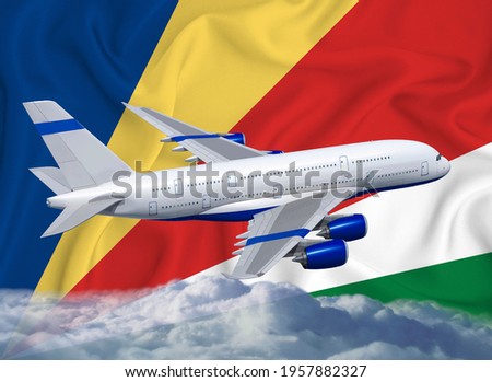 Seychelles flag with white airplane and clouds. The concept of tourist international passenger transportation.