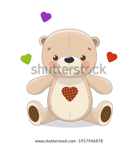 Cartoon Teddy bear with hearts.  Colorful clipart. Cute design for t shirt print, icon, logo, label, patch or sticker. Vector illustration.