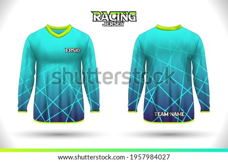 Long sleeve sports racing suit. Front back t-shirt design. Templates for team uniforms. Sports design for football, racing, gaming jersey. Vector.