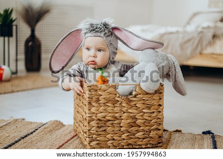 A funny kid in a bunny costume sits in a wicker basket. Easter bunny. Easter celebration
