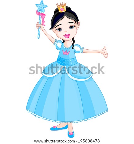 Beautiful little princess in blue dress with magic wand. Raster version.  