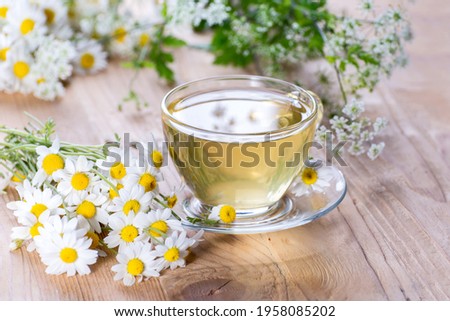 Gass cup of hot herbal tea with chamomile flowers on a wooden table against bright sun light.