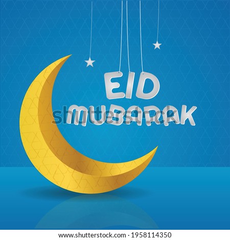 Beautiful eid mubarak greeting card with golden moon and blue background. Vector Illustration for greeting card, poster, and banner.