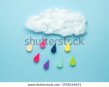 White cloud and multicolored drops on a blue background. Collage of modern art. Climate picture.