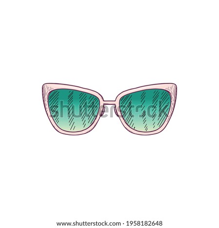 Vintage butterfly sunglasses with green lenses isolated on white background - retro summer fashion accessory in hand drawn sketch style. Flat vector illustration.