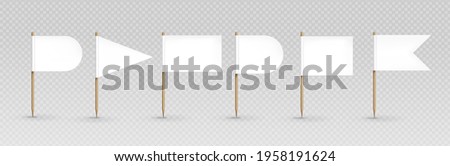 Toothpick flags, white banners of different shapes on wooden pointed sticks. Oval, triangular, rectangular and double edge pennants isolated on transparent background, Realistic 3d vector icons set