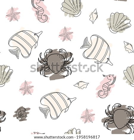 Seamless pattern with seashells, corals and starfish, fish, crab. Vector illustration. Imitation of watercolor stains. Perfect for greetings, invitations, textiles