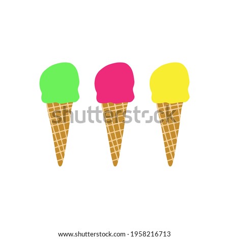 Hand drawn illustration of waffle cones with red, green, yellow balls of ice cream or gelato. Isolated on white background.