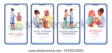 Onboarding pages set for veterinary services with cartoon characters of people and domestic animals, flat vector illustration. Set mobile page templates for vet clinic.