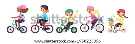 Girls and boys riding on kids bikes. Happy children in helmets biking on bicycles outdoors. Flat cartoon vector illustrations isolated on white background.