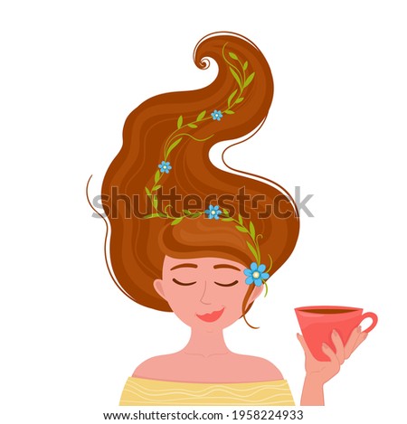 Vector illustration girl with cup of tea. Time for relax, break, rest.