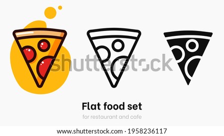Pizza flat vector illustration set. Slice of pizza vector set for restaurant, dinner and italian menu. Bright colorful pizza on yellow background with vibrant and bright colors. Pizzeria logo template Royalty-Free Stock Photo #1958236117