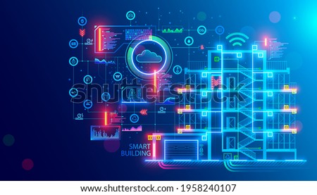 Building design concept. Engineering of autonomous system of smart building. Drafting of communications of house. Project development of apartment house. Architectural drawing, blueprint of facade. Royalty-Free Stock Photo #1958240107