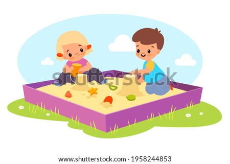 Kids in sandbox. Happy boy and girl play outdoor with sand and toys, children make cakes with plastic molds molds and bucket, babies games on playground. Vector cartoon isolated concept Royalty-Free Stock Photo #1958244853