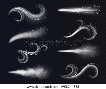 Cold wind air streams. Realistic winter breath flows with snowflakes, visual physical effects and dynamic curve forms, swirling smoke, particle flows, weather processes vector isolated set