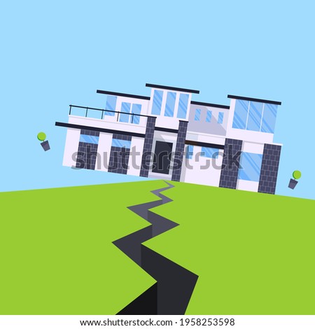 Earthquake house insurance concept flat style vector illustration. House jumping from earthquake and ground with the cracks. Natural disaster accident. Protect your building property from damage.