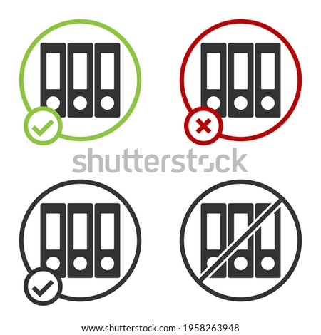 Black Office folders with papers and documents icon isolated on white background. Office binders. Archives folder sign. Circle button. Vector Illustration