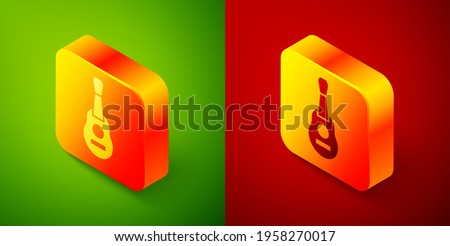 Isometric Guitar icon isolated on green and red background. Acoustic guitar. String musical instrument. Square button. Vector