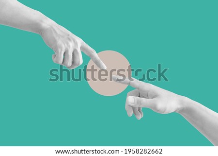 Digital collage modern art. Hand reaching out, pointing finger together Royalty-Free Stock Photo #1958282662