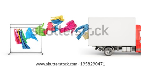 The concept of moving. Clothes fly from the hanger to the truck van isolated on a white background. Delivery concept