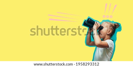 A little charismatic girl looks into binoculars. Collage in magazine style. Flyer with trendy colors, copyspace for ad. Discount, sale, season sales. Modern design, creative artwork Royalty-Free Stock Photo #1958293312