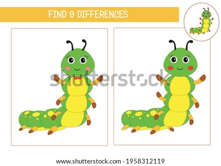 Cute caterpillar educational game to develop children attention, for preschool kids and toddlers. Find the differences game. Cartoon animal in vector format.