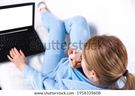 Caucasian girl student sit on sofa with sphynx cat working laptop pc looking at mock up white computer screen online learning, elearning, watching movie. Over shoulder closeup view. High quality photo