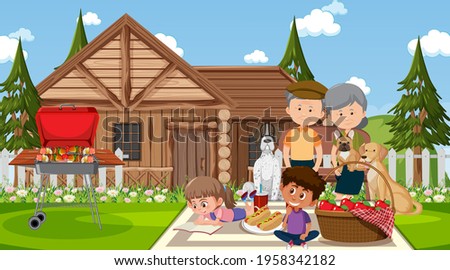 Nature outdoor scene with happy family having a picnic illustration