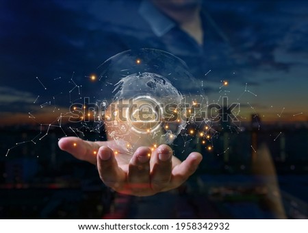 Digital cloud computing in hands of cyber security, Digital Data Network Protection, Technology global network big data analysis background concept