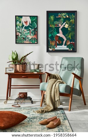Interior design of retro living room with stylish vintage armchair, shelf, house plants, cacti, decoration, carpet and two mock up poster frames on the white wall. Botany home decor. Template. 
