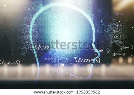 Abstract virtual artificial Intelligence concept with human head sketch on blurry contemporary office building background. Double exposure
