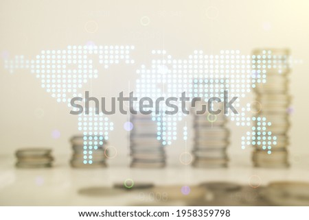 Double exposure of abstract digital world map on growing stacks of coins background, research and strategy concept