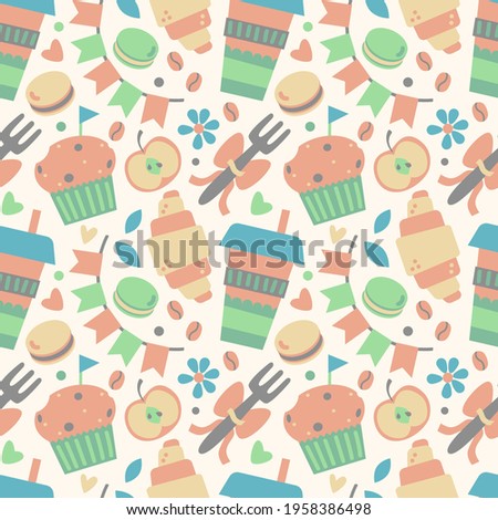 Seamless vector pattern in pastel colors. Coffee cup, cupcake, croissant, flags, macaroon, fork isolated on white background. Zero waste, coffee shop and bakery theme. Great for woman and children.