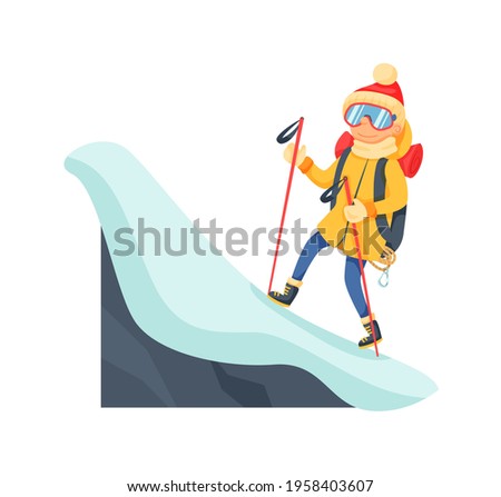Young mountaineer climbing snowy ridge scene