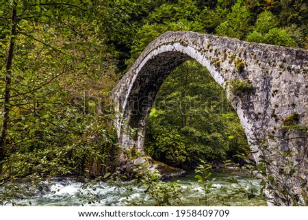 Famous Senyuva Cinciva Stone Bridge On The Storm Valley Firtina Vadisi, Rize, Turkey.