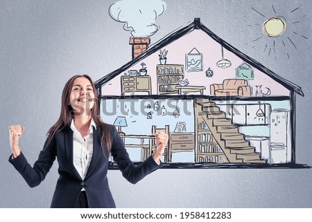 Happy businesswoman posing in front of a house plan abstrat colorful sketch, interior design and future apartment concept