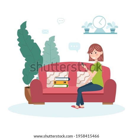 Work at home design concept. Freelancer woman is sitting in the living room on the sofa with a mobile phone and work folders. Vector illustration