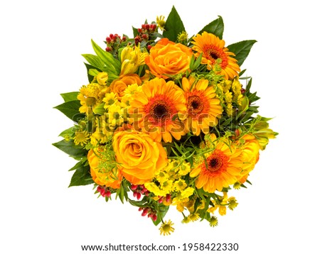 Autumnal flowers bouquet with yellow and orange helenium, peruvian lilies, rose and gerber blossoms, myrtles top view isolated on white background Royalty-Free Stock Photo #1958422330