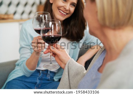 Close up of mother and adult daughter toasting in wine Royalty-Free Stock Photo #1958433106