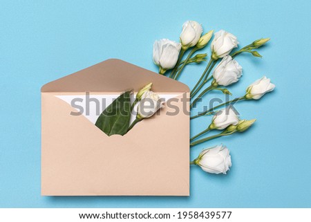 Spring romantic concept. Flat lay branch of flower lisantius or eustoma of white color in an envelope for mail, postcard, on blue background.