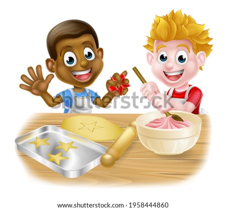 A pair of cartoon boys, one black one white, dressed as chefs or bakers baking cakes and cookies