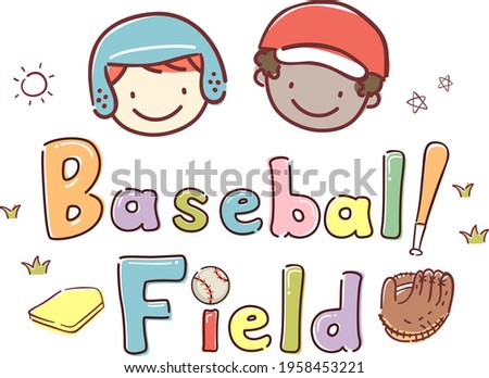 Illustration of Stickman Kids Boys and Baseball Field Lettering with Bat, Base, Ball and Gloves