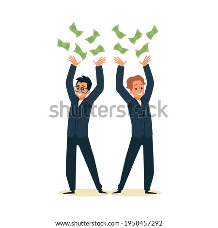 Rich wealthy happy millionaires drop money, flat vector illustration isolated on white background. Successful cheerful business people make big profit and become rich. Royalty-Free Stock Photo #1958457292