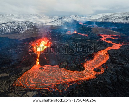 Lava Flows on active volcano aerial view, Mount Fagradalsfjall, Iceland Royalty-Free Stock Photo #1958468266