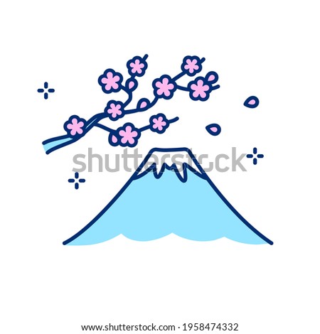 Mount Fuji with cherry tree blossom branch, symbol of Japan. Japanese sakura, simple flat line icon style. Isolated vector illustration.