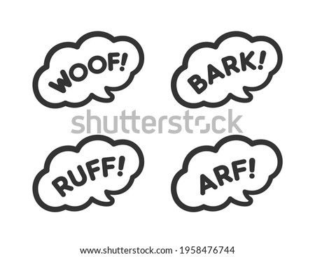 Dog bark animal sound effect text in a speech bubble balloon clipart set. Cartoon comics and lettering. Simple black and white outline flat vector illustration design on white background. 