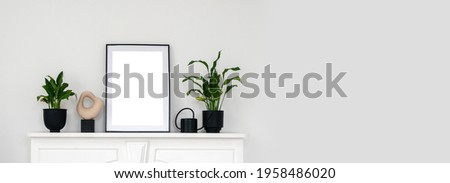 Panoramic view of house plants, watering can for flowers, picture frame and vase standing on shelf above white vintage fireplace. Cozy apartment with copy space wall. Modern interior design concept