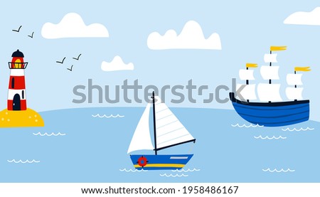 Ships in sea background. Cartoon hand drawn colorful sail childish horizontal backdrop, water transport, sailing yacht, sailboat and lighthouse, kids adventure and travel, vector isolated illustration Royalty-Free Stock Photo #1958486167