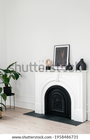 Vertical view of candle in candlestick, picture frame and vase standing on shelf above new fireplace in modern house interior. Green houseplant on wooden floor in cozy room with white wall