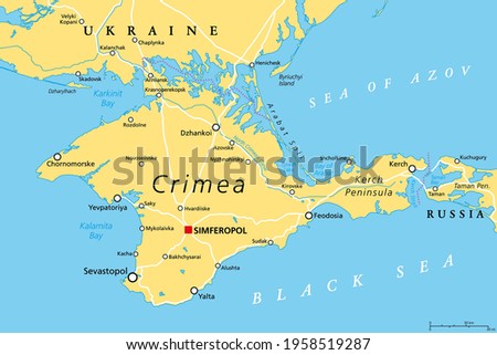 Crimea political map. Peninsula in Eastern Europe on the northern coast of the Black Sea, with disputed status. Controlled and governed by Russia, internationally recognized as part of Ukraine. Vector Royalty-Free Stock Photo #1958519287